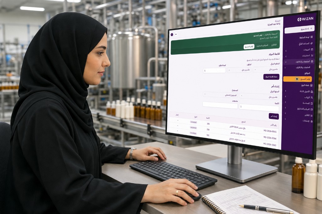 مسؤولة تشغيل سعودية تراجع أوامر التصنيع والمخزون في ويزان داخل منشأة إنتاج